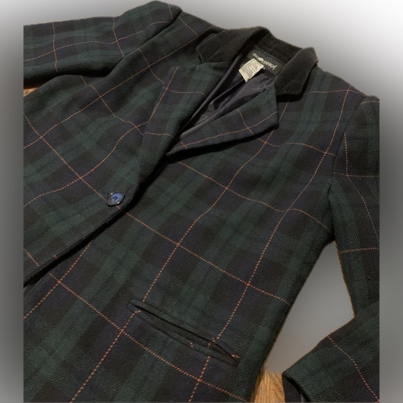 Vintage Wool Navy Green Structured Plaid Women’s Blazer Jacket Coat 8 Petite - Picture 10 of 10